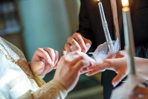 the priest helps the newlyweds exchange rings at the wedding ceremony in the church photo