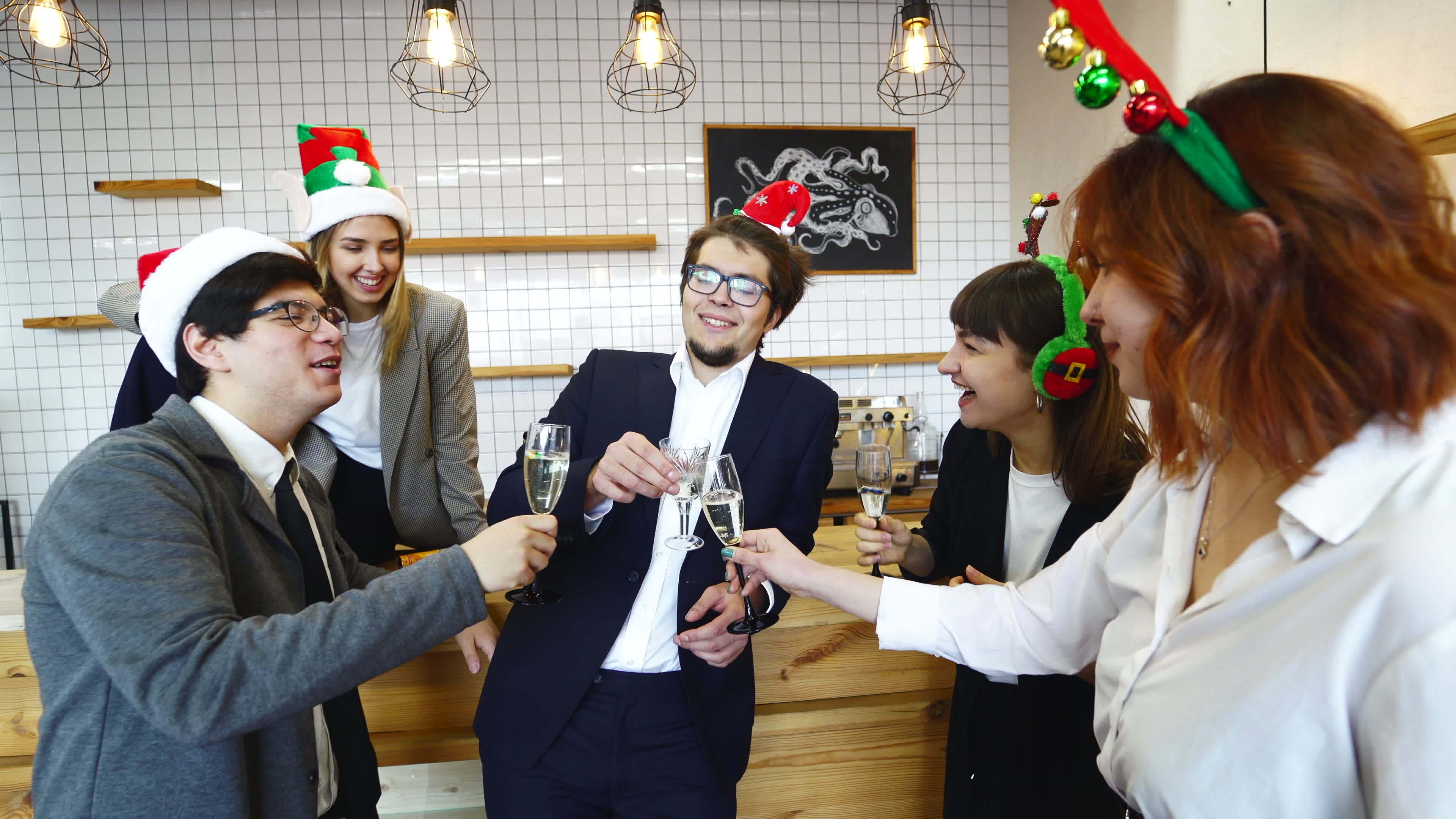 Coworkers make a toast at office holiday party 10898863 Stock Video at