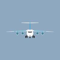 Airliner transportation journey white plane front view. Tourist travel airbus vector flat