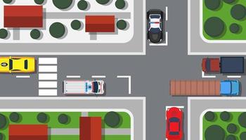 Crossroad top view vector illustration building map. City car game landscape traffic urban. Pedestrian background transport highway. Intersection town plan avenue. Freeway travel driving concept