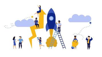 Business analytics in cloud arrow vector leadership company. People challenge teamwork up. Flat job marketing concept illustration. Growth with rocket investment service. Man and woman trend result