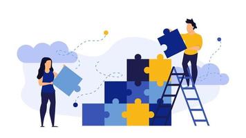 Person people man and woman connect jigsaw business puzzle flat background concept vector illustration. Cooperation businessman teamwork team. Solution partnership group problem together. Answer part