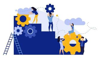 Achievement target career challenge vector flat illustration. People kpi walking steps to direction. Job journey business success leader ambition. Goal progress up climbing performance banner