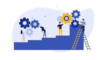 Achievement target career challenge vector flat illustration. Woman kpi walking steps to gold cup. Job journey business success leader ambition. Goal progress up climbing performance banner