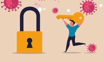 Unlock lockdown and open a company business after the coronavirus. Economy after the virus and crisis. A man with a key runs to open a closed padlock vector illustration concept. People and freedom