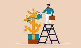 Growth gold sprout tree and watering seedling wealth. Golden revenue and business capital budget vector illustration concept. Entrepreneurship investor saving income earning and profit development