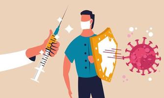 Coronavirus biohazard health care concept. Corona cure disease doctor flu illness immunity infected. Man make medical injection vaccination. Immunization with hand and needle vector illustration