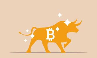 Crypto bitcoin bull and bullish growing growing. Cryptocurrency investment and price trend vector illustration concept. Cyberspace analysis and trading exchange money. Commerce business blockchain btc