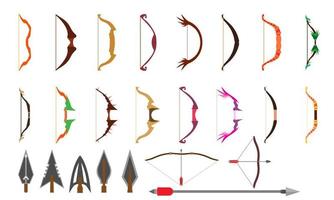 Arrow and bow set archery weapon symbol. Ancient icon war element isolated and longbow object vector illustration. Archer vintage collection and combat hunting. Old sign tribal style ammunition
