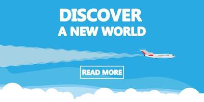 Discover a new world vector illustration background concept airplane. Business vacation travel banner. Global trip adventure template. Summer cartoon cover worldwide academy
