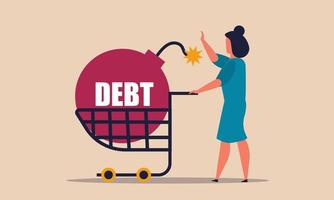Debt bomb with woman and mortgage buy. Business cart and failure management tax vector illustration concept. Credit risk money and bankrupt loan. Payment problem finance and investment currency