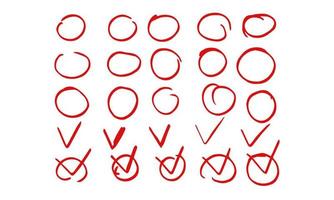 Set of hand drawn highlight red circles and check mark icons. Decorative design elements collection. Vector illustratiob collection circles and mark concept