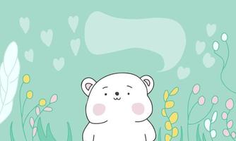 A cute white animal smiles and stands in the forest. Funny cartoon character hand drawn doodle. Cute character speaks with free space for text. Vector illustration