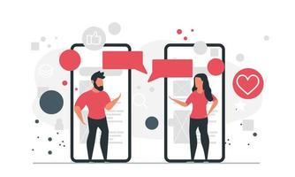 People chatting online via mobile devices. Man and woman communicate through social messengers concept vector illustration