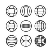 Globe black line icons pack isolated on white. Earth sphere sign internet world collection. Simple globe network circle planet vector illustration