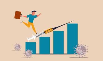 Economy after the coronavirus and impact to economic profit risk. Man run on graph and injection vector illustration concept. Business risk on chart and syringe vaccine from virus support.