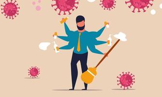 Multiple hands the man are cleaning and washing the virus. Protecting people from coronavirus at home. Health care vector illustration concept. Kill the infection with medication and house cleaning.