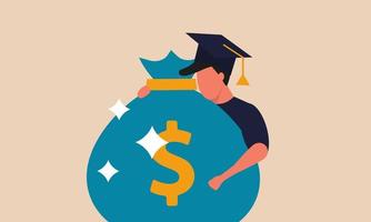 Money loan for the education of a teenager. Graduation from educational graduation and investment in knowledge diploma man vector illustration concept. Finance debt people for degree college