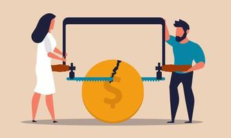 Cut the budget with a saw. Man and woman sawing a coin to divide equally vector illustration. People and money crash with bankruptcy. Financial debt in business and economy. Problems loss wealth