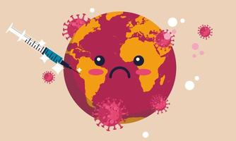 Dosis global de la vacuna corona del mundo terrestre. concepto de cuidado del planeta salud epidémica de coronavirus. inmunización vacunación advertencia covid. globo mapa vector ilustración patógeno médico inyección viral