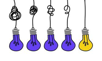 Simplification concept art with light bulb idea. Simple and creative think or search creative idea. Difficulty curve doodle path chaos. Untangle curve complex scribble vector illustration Problem way