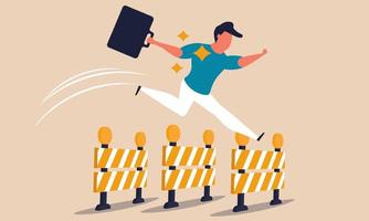 Hurdle jump and overcome obstacle to business challenge. Executive athletic man winner vector illustration concept. Defeat power and success finance goal. Champion career motivation and sprint race