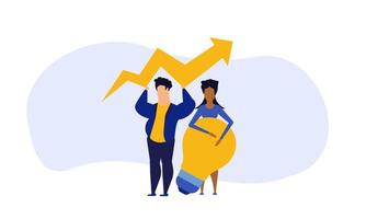 Business analytics in cloud arrow vector leadership company. People challenge teamwork up. Flat job marketing concept illustration. Growth with rocket investment service. Man and woman trend result