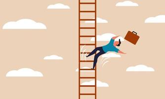 Business career fail and character falling to trouble. Finance problem descend and ladder stumbling vector illustration concept. Insurance employee and people tripping for work. Looser businessman