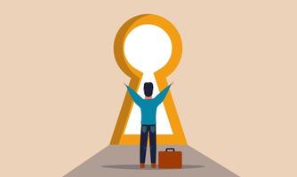 Man enter gate with door key and hand open future. People unlock chest and success way vector illustration concept. Career chance on business and hole freedom. Solve progress exit and opportunity door