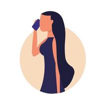 mujer con icono de tecnología de ilustración de vector de teléfono. negocio móvil y comunicación carácter femenino. llamada de empresaria en dispositivo y red parlante. teléfono móvil de trabajo y conversación feliz humana