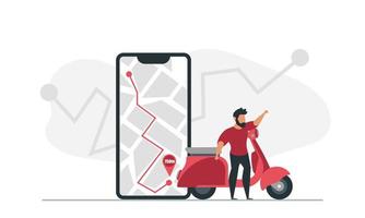 A man on a scooter uses a navigator on his phone to get to his destination vector illustration