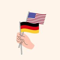 caricatura, mano, tenencia, estados unidos, y, alemán, banderas. nosotros alemania relaciones. concepto de diplomacia, política y negociaciones democráticas. vector aislado de diseño plano