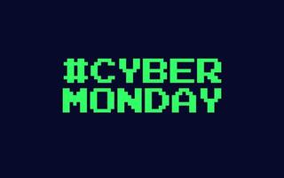 banner de arte de píxeles del lunes cibernético, aislado en fondo negro. pasos vectoriales editables. ilustración de vector de venta de hashtag de cybermonday verde. hecho en estilo retro de 8 bits.