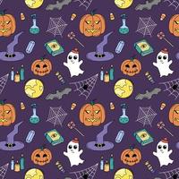 Halloween colorful doodle pattern. Vector seamless background with autumn holiday symbols jack lanterns, web, bat, witch hat. Repeat illustration with hand drawn Halloween elements