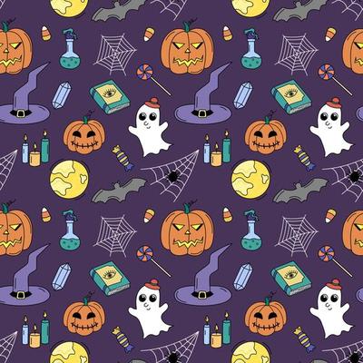 Halloween colorful doodle pattern. Vector seamless background with autumn holiday symbols jack lanterns, web, bat, witch hat. Repeat illustration with hand drawn Halloween elements