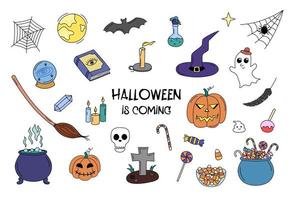 Halloween doodle elements vector set. Hand drawn colorful scary objects isolated. Halloween scribble outline pumkin lantern, witch cauldron, holiday sweets, grave, moon. Collection of illustrations