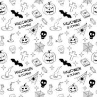 Halloween doodle pattern. Black and white seamless background with Halloween spooky symbols jack o lanterns, web, skull, grave. Vector illustration with text and hand drawn outline elements