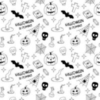 Halloween doodle pattern. Black and white seamless background with Halloween spooky symbols jack o lanterns, web, skull, grave. Vector illustration with text and hand drawn outline elements