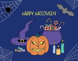 feliz tarjeta de felicitación de halloween. divertida composición de objetos de doodle de halloween. linterna de calabaza, sombrero de bruja, velas y dulces navideños. decoración de murciélagos y telas de araña. ilustración vectorial dibujada a mano vector