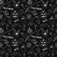 Halloween doodle pattern. Vector black and white scribble repeat illustration. Halloween seamless dark background with autumn holiday symbols jack lanterns, ghost, witch attributes. Hand drawn element