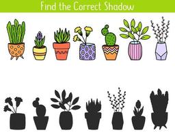 Shadow Matching Game for Children. Find the correct shadow educational pazzle logic task for kids. Find the right shadow for pots and flowers vector