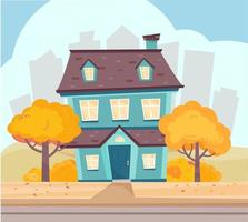 Autumn landscape with cute house near the road, house in suburd of big sity. Suburb neighborhood in autumn time. Vector illustration in flat cartoon style.