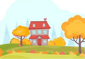 paisaje otoñal con linda casa, árboles, arbustos, bosque, coloridas hojas de otoño. casa, granja, casa de campo en época otoñal. ilustración vectorial en estilo de dibujos animados planos. vector