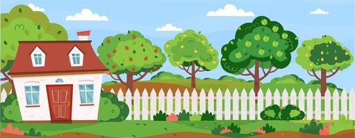 Horizontal banner with summer country landscape. Country house with fruit garden. Apple trees, pear trees. Harvest. Summer day. Farm. Vector illustration in flat style.