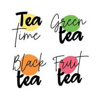 Diverse tea labels and names in set for packaging print. Fruit, black, green tea in trendy design. vector