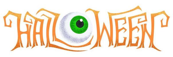 Vector illustration of creepy Halloween inscription with green eyeball on white background