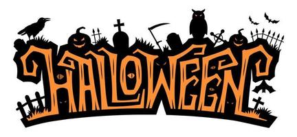 Vector illustration of creative Halloween inscription with images of jack o lantern tombstone, crow, bats and owl on white background