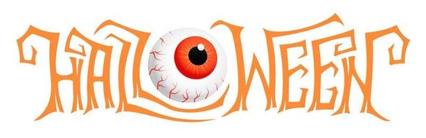 Creative Halloween lettering with realistic eyeball. Horizontal vector banner for Halloween party.