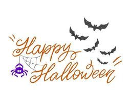 letras de feliz halloween con telaraña y murciélagos. texto de caligrafía escrito a mano para fiesta de halloween o tarjeta de invitación. vector