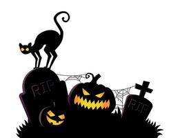 Midnight graveyard silhouette with pumpkin and cat. Spooky Halloween illustration. vector